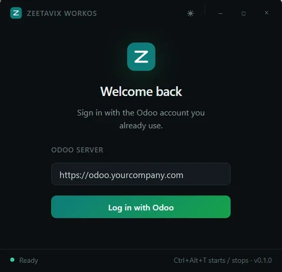 The tracker's sign-in screen: a single field for your Odoo server address, and a Log in with Odoo button.