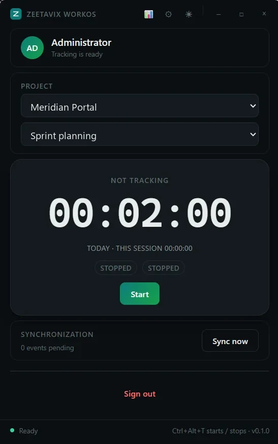 The Zeetavix WorkOS desktop tracker: the signed-in person, a project and task picker, the timer, and the sync queue.